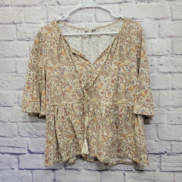 Frye & Co Floral Boho Tassel Top Size L V-Neck Raised Waistline Cottage Prairie - Picture 1 of 8